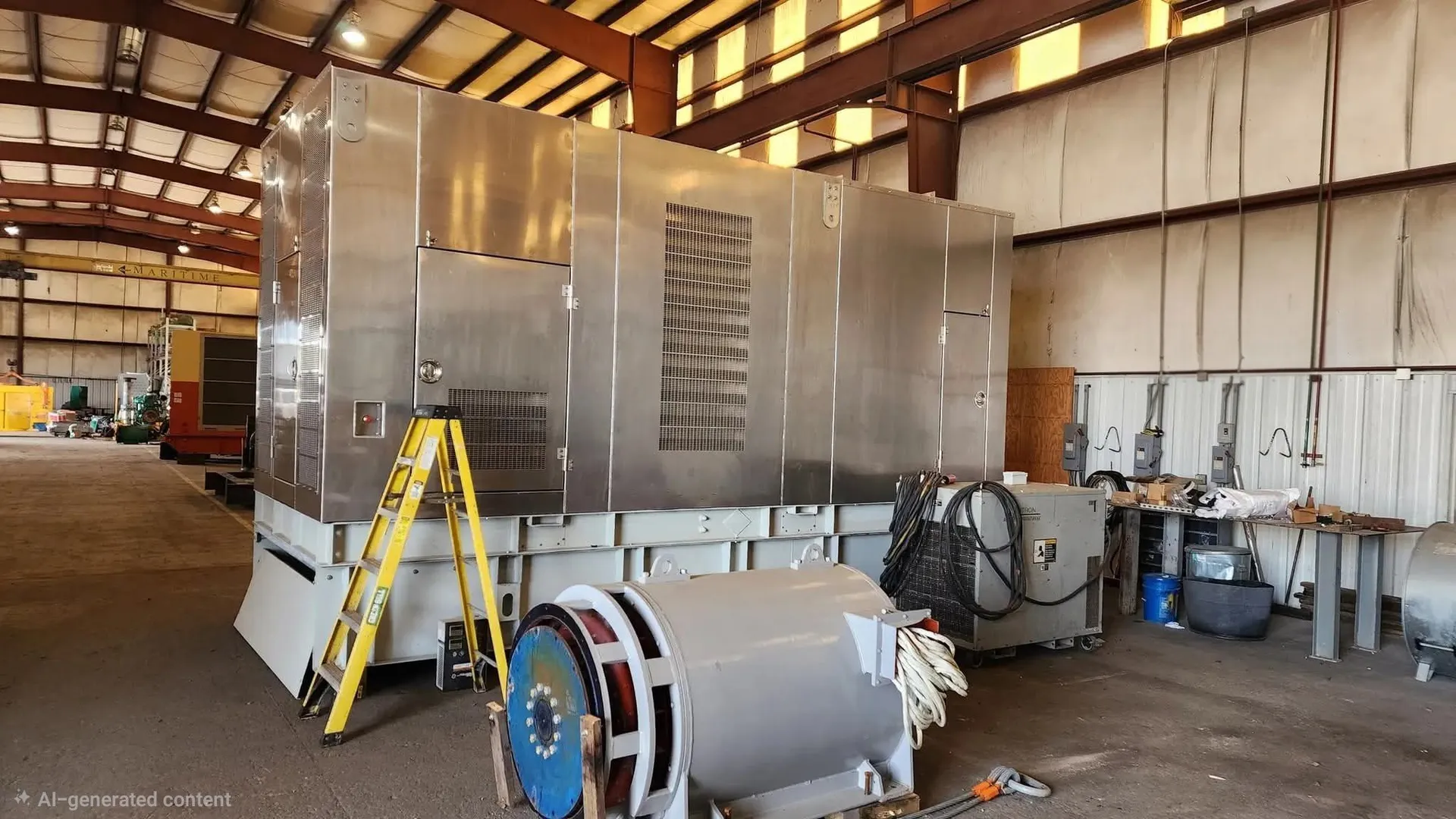 Large stainless-steel generator enclosure inside an industrial fabrication shop